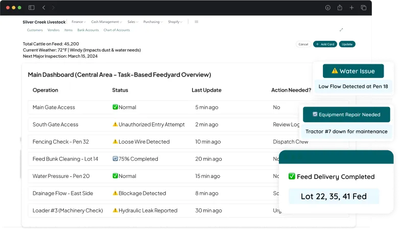 dashboard screen showcasing activities in feedyard management