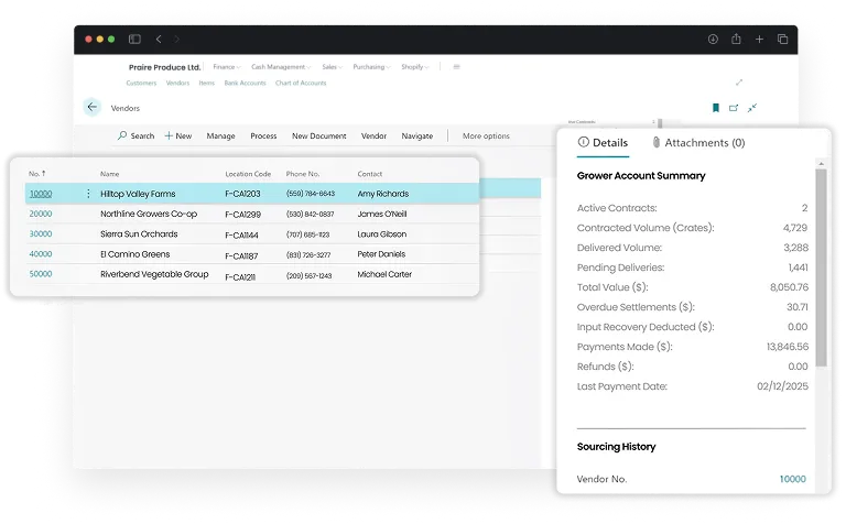 dashboard screen for activities in grower/vendor portal